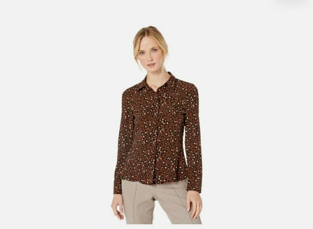 Tommy Hilfiger Cheetah print long-sleeve mixed media top w black half placket M